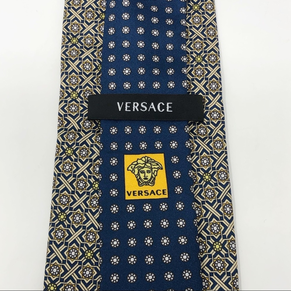 Versace Gold Blue Floral Medusa Print Silk Tie EUC